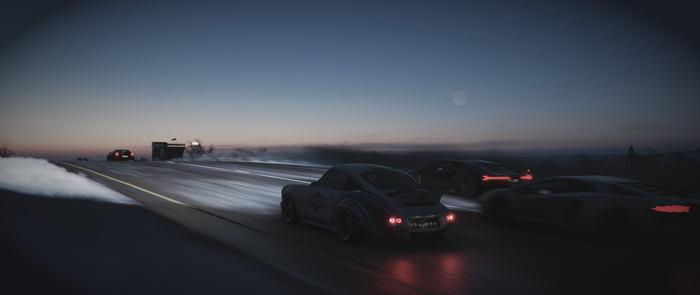 Porsche cars racing on a road at dusk