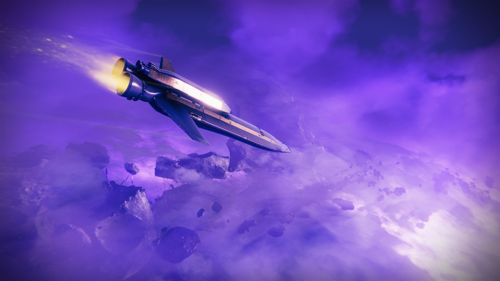 Spaceship flying through purple nebula in Destiny 2