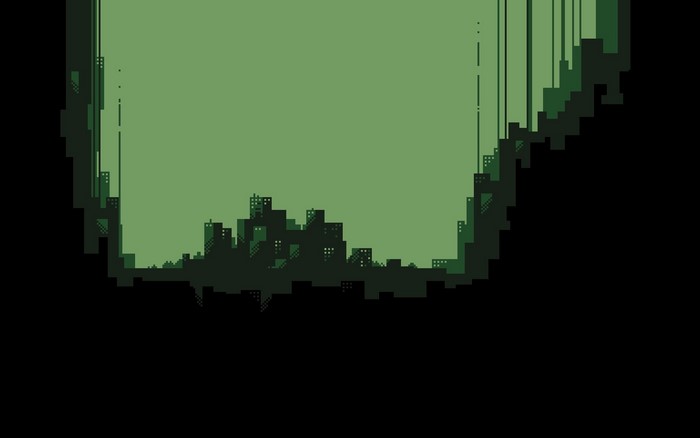 Pixelated cityscape with green sky