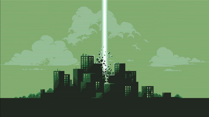 Pixel art city destroyed by a beam of light
