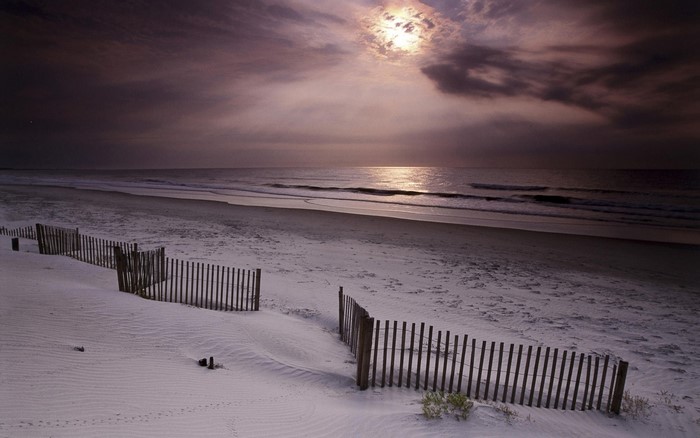 Beach fence at dusk with moonlit sky