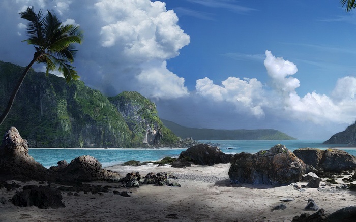 Tropical beach with rocky shore and mountains