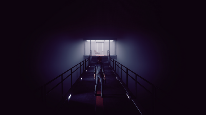 Jesse Faden from Control walks down a walkway