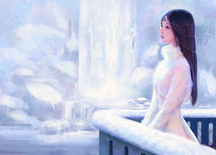 Woman in white standing on a snowy balcony with a waterfall