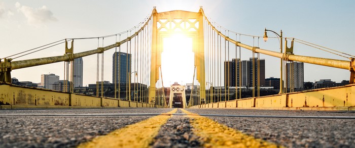 Yellow suspension bridge with city skyline at sunset