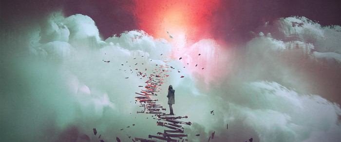 Digital art of a person on a cloud path