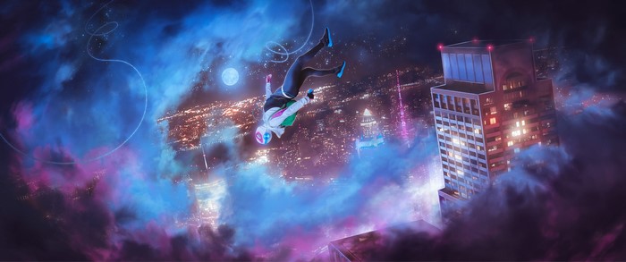 Spider-Gwen falling through the Spider-Verse city
