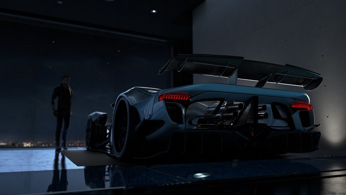 Blue Hypercar with Spoiler and Man in Dark Room