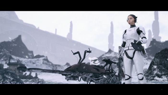Stormtrooper with Speeder Bike in Snowy Landscape