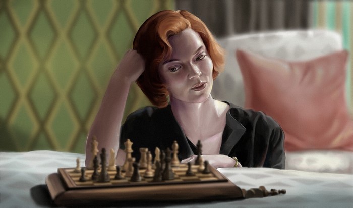 Beth Harmon from The Queen's Gambit playing chess