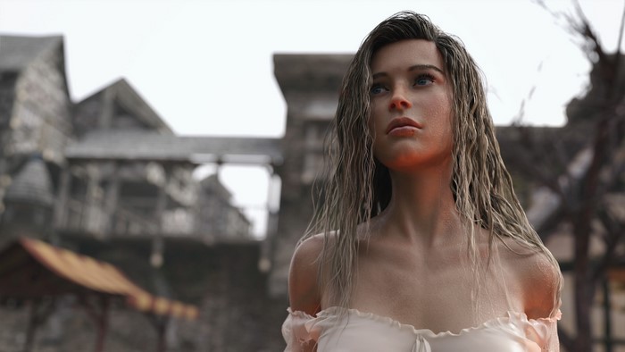 Fantasy blonde woman in white dress in front of stone buildings