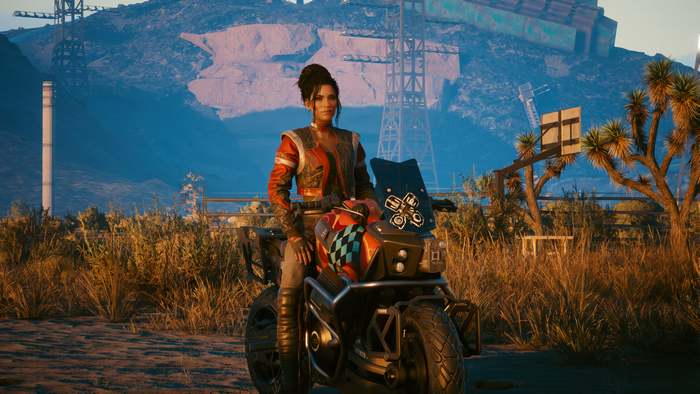 Panam Palmer from Cyberpunk 2077 on a motorcycle