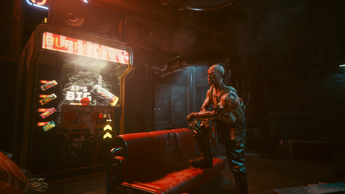 Cyberpunk 2077 character at a burrito vending machine