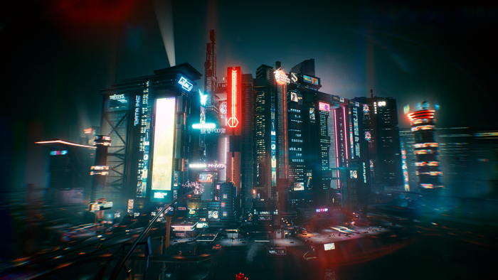 Cyberpunk 2077 Night Cityscape with Neon Lights