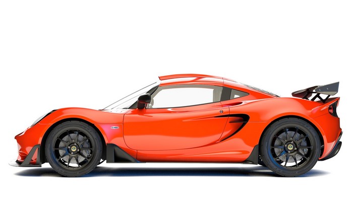 Orange Lotus Exige sports car, side view, CGI render