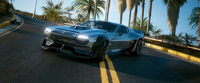 Cyberpunk 2077 car on a road with palm trees