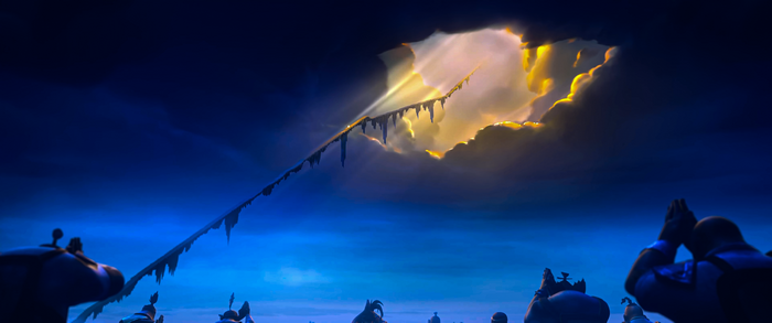 Sunlight breaking through dark clouds in Legend of Deification