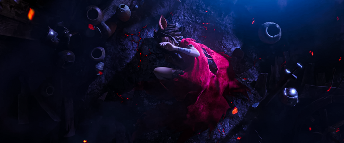 Character from Legend of Deification sleeping in dark ruins