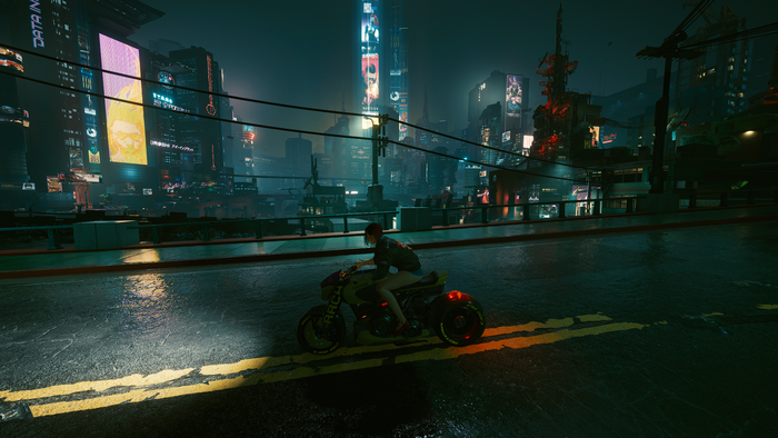 Woman on motorcycle in Cyberpunk 2077