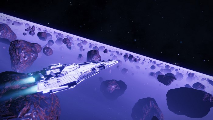 Spaceship flying through an asteroid field in Elite: Dangerous