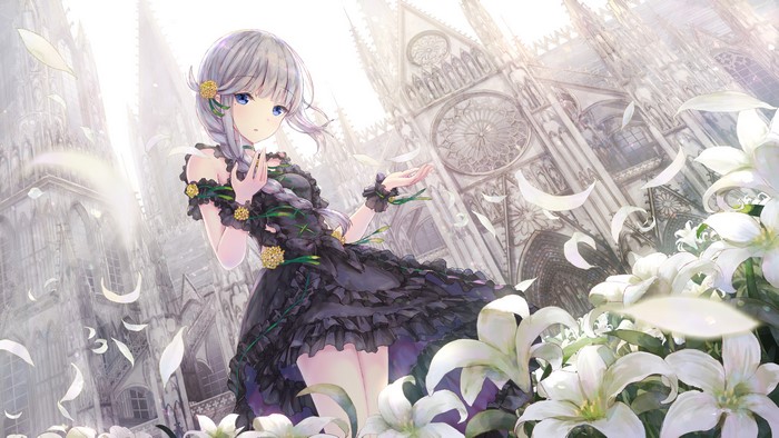 Anime girl with grey hair and blue eyes in a black dress near a cathedral