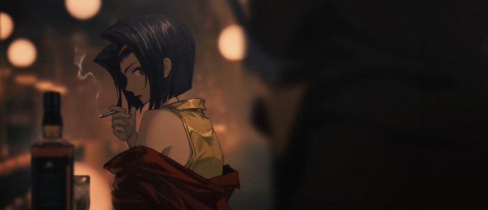 Faye Valentine from Cowboy Bebop smoking at a bar