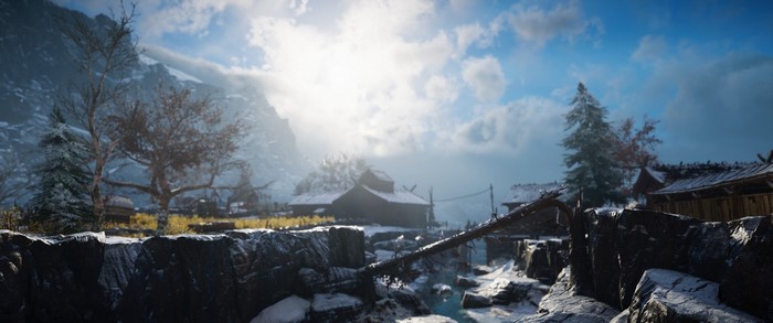Assassin's Creed Valhalla screenshot of a snowy village
