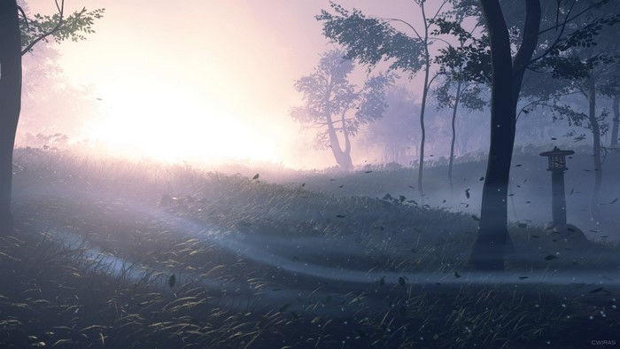 Ghost of Tsushima foggy forest with lantern