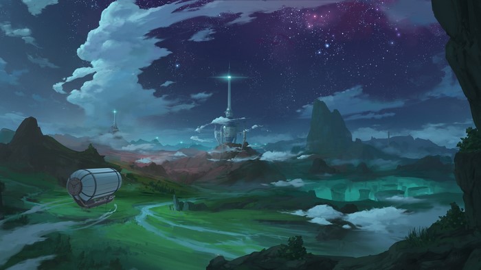 Science fiction landscape with a Zeppelin and towers