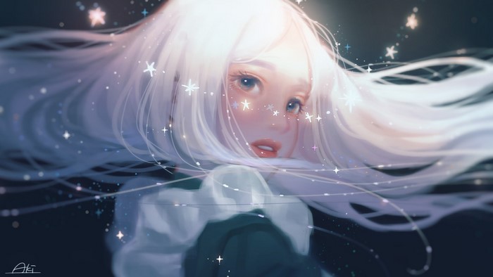 Anime girl with white hair and blue eyes surrounded by stars