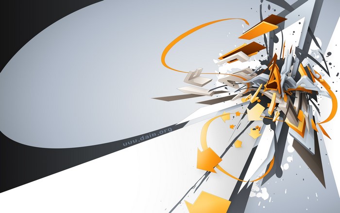 Abstract 3D Render with Orange Arrows and Shapes