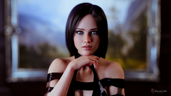Portrait of a woman with dark hair and blue eyes