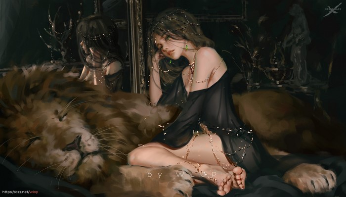 WLOP Fantasy Girl and Lion Painting