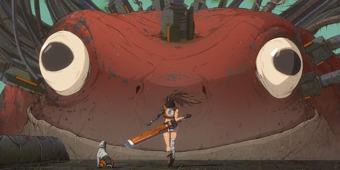 Girl with sword and dog facing giant frog creature