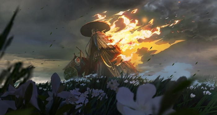 Figure in a straw hat engulfed in flames