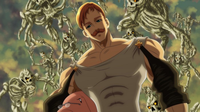 Escanor and Hawk from Seven Deadly Sins surrounded by skeletons