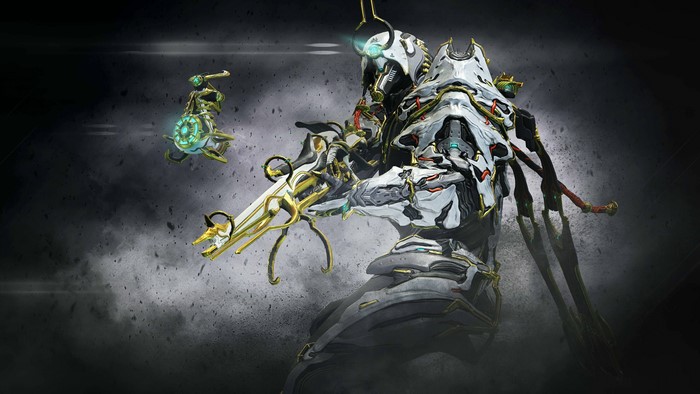 Ash from Warframe with a weapon and drone