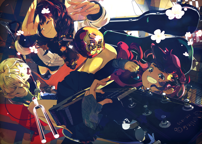 Anime girls with guitars and flowers