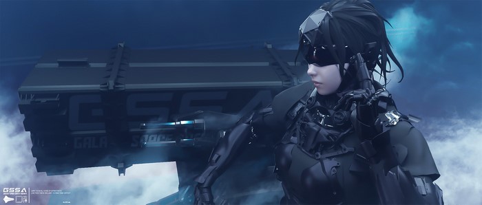 Cyborg woman in futuristic armor with GSSA cargo ship