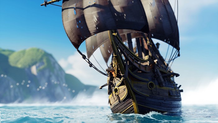 Pirate ship sailing on the sea with islands in the background