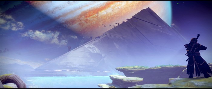Guardian in front of a Pyramid structure on a planet with a large gas giant