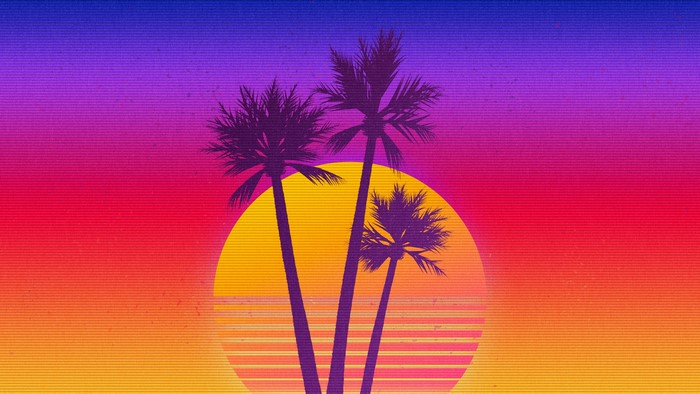 Palm trees silhouetted against a retro sunset