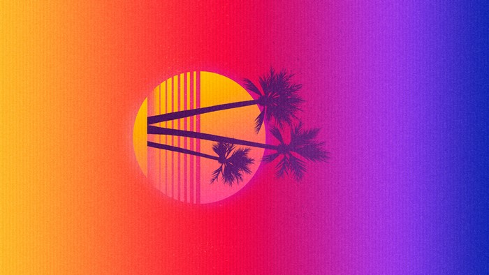 Palm trees silhouetted against a sunset with a circular sun