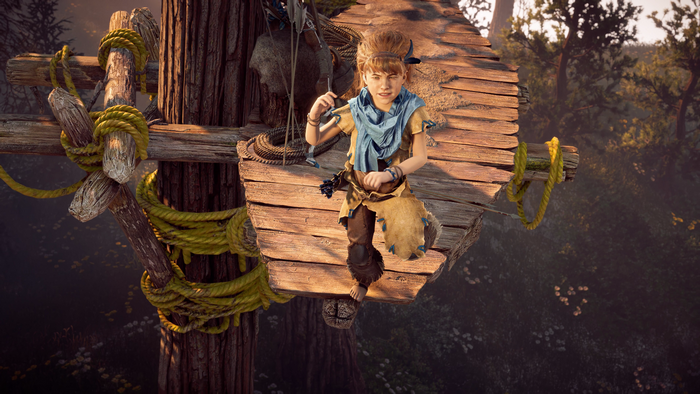 Aloy from Horizon Zero Dawn on a wooden platform