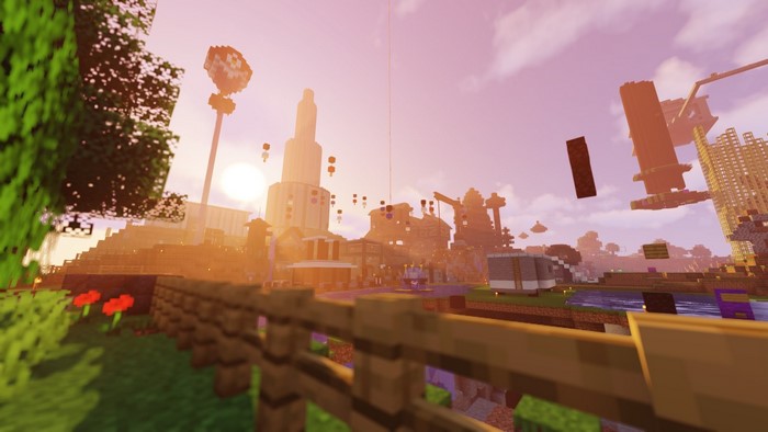 Minecraft world with shaders and a fence
