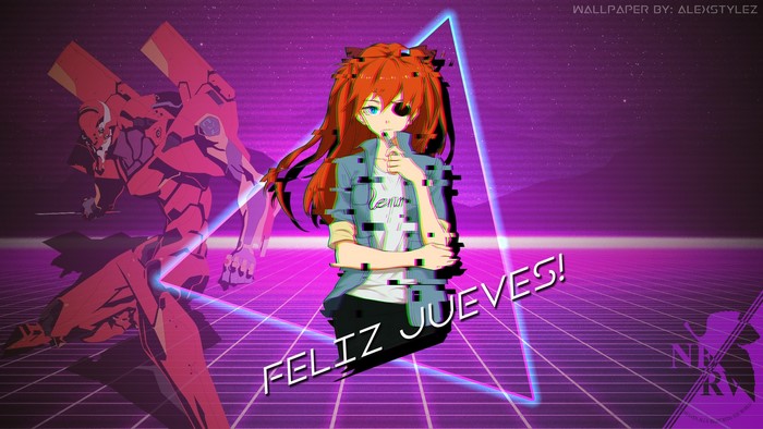 Asuka Langley Soryu and Evangelion Unit-02 in Retrowave Style
