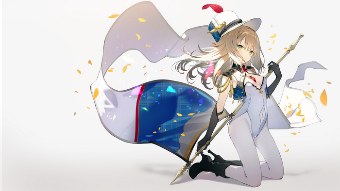 Anime girl with blonde hair and green eyes holding a spear