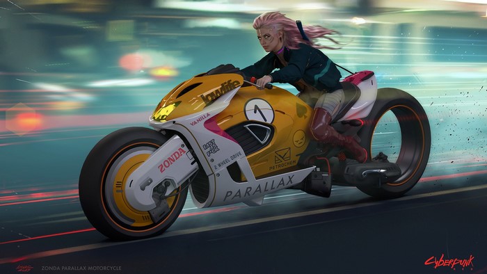 Woman riding a Zonda Parallax motorcycle in Cyberpunk 2077