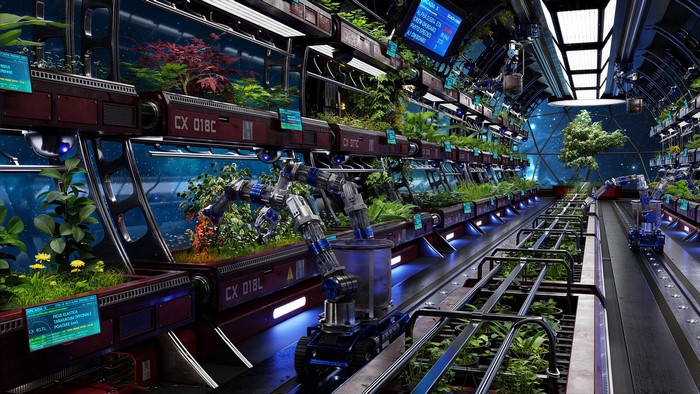 Sci-fi space greenhouse with robotic arms and plants
