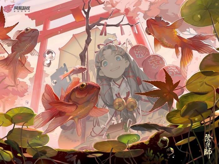 Girl and goldfish near a torii gate in Onmyoji